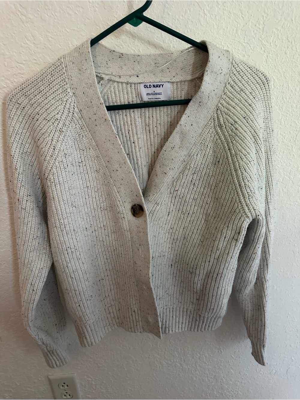 Old Navy Cream Speckled Ribbed V-Neck Button Cardigan